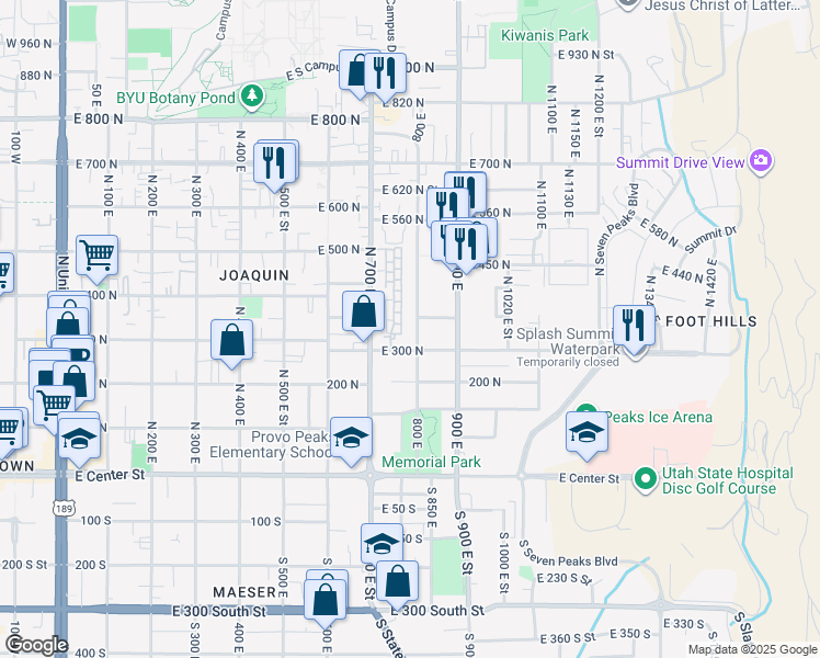 map of restaurants, bars, coffee shops, grocery stores, and more near 339 800 East in Provo
