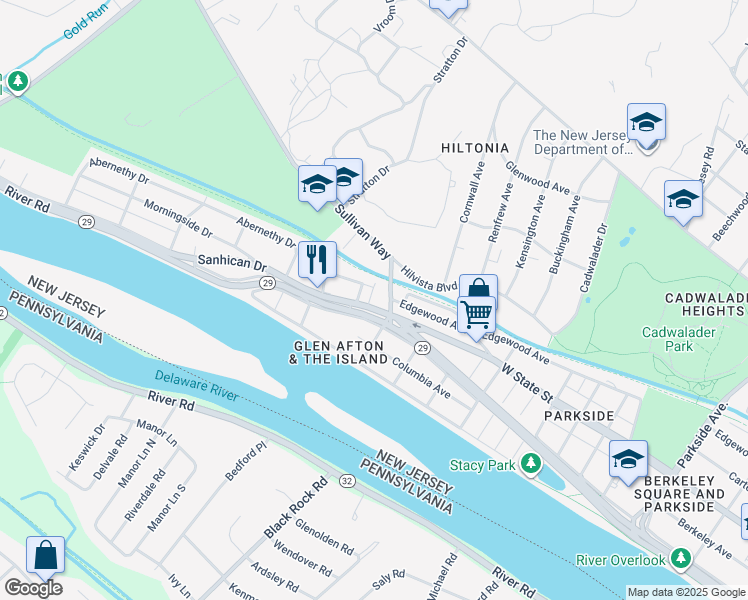 map of restaurants, bars, coffee shops, grocery stores, and more near 120 Sanhican Drive in Trenton