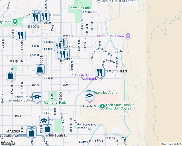 map of restaurants, bars, coffee shops, grocery stores, and more near 345 North Seven Peaks Boulevard in Provo