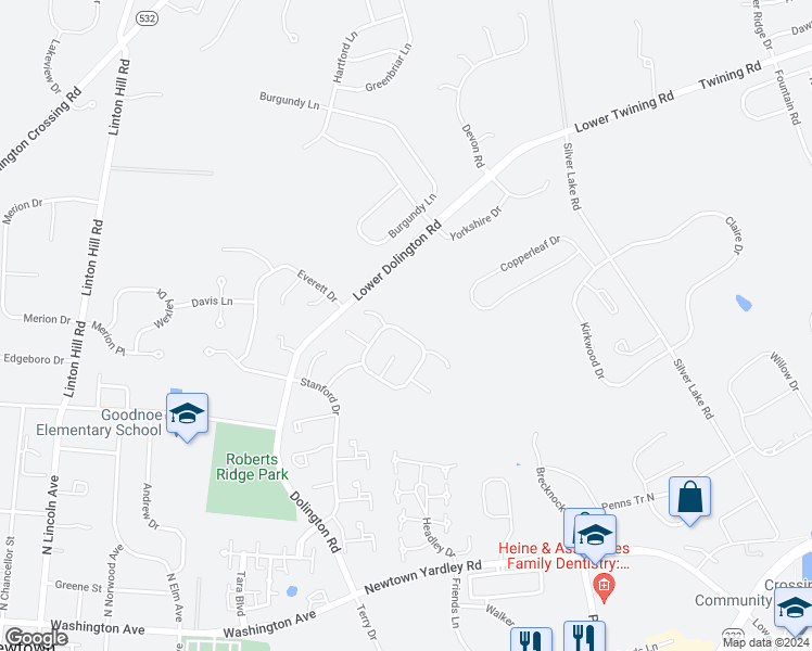 map of restaurants, bars, coffee shops, grocery stores, and more near 15 Meridian Circle in Newtown