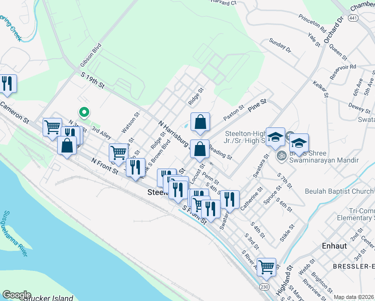 map of restaurants, bars, coffee shops, grocery stores, and more near 327 Pine Street in Steelton