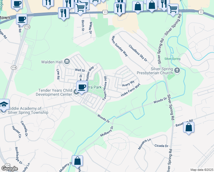 map of restaurants, bars, coffee shops, grocery stores, and more near 22 Stone Barn Road in Mechanicsburg