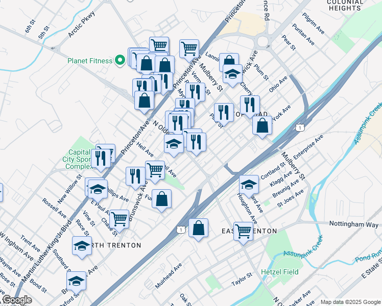 map of restaurants, bars, coffee shops, grocery stores, and more near 649 Ohio Avenue in Trenton
