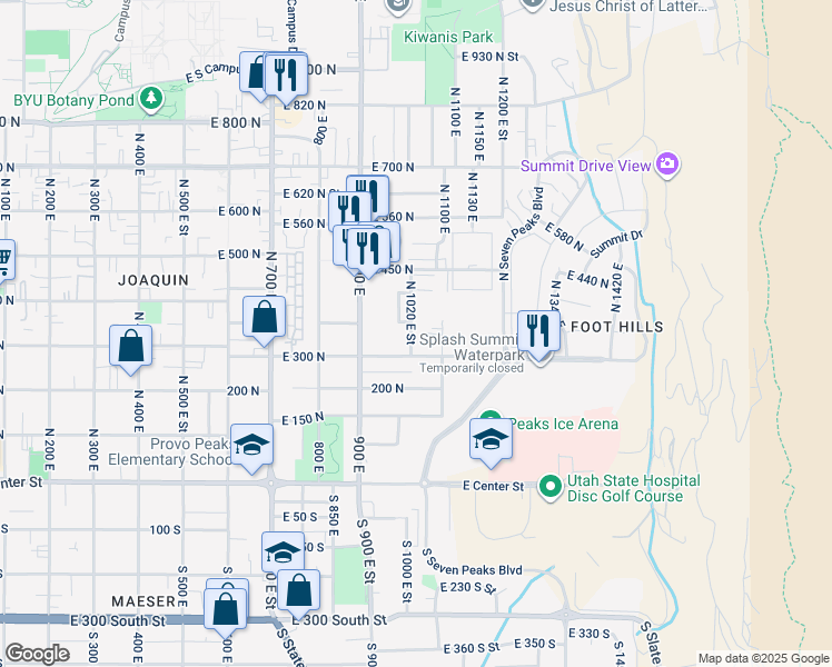 map of restaurants, bars, coffee shops, grocery stores, and more near 1051 300 North in Provo