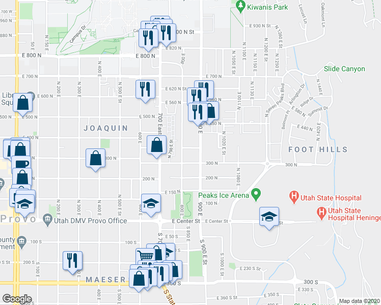 map of restaurants, bars, coffee shops, grocery stores, and more near 895 300 North in Provo
