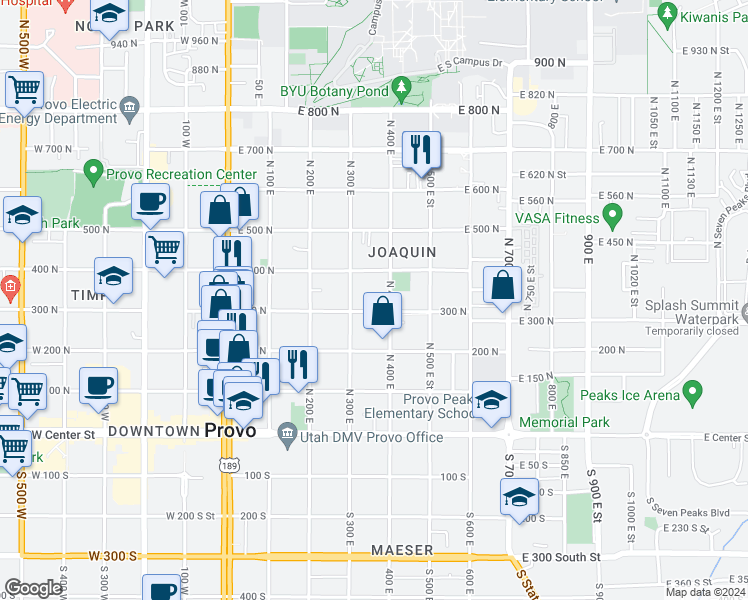 map of restaurants, bars, coffee shops, grocery stores, and more near 366 300 North in Provo