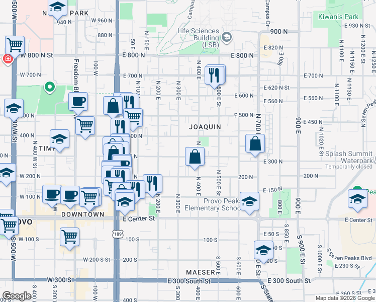 map of restaurants, bars, coffee shops, grocery stores, and more near 366 300 North in Provo