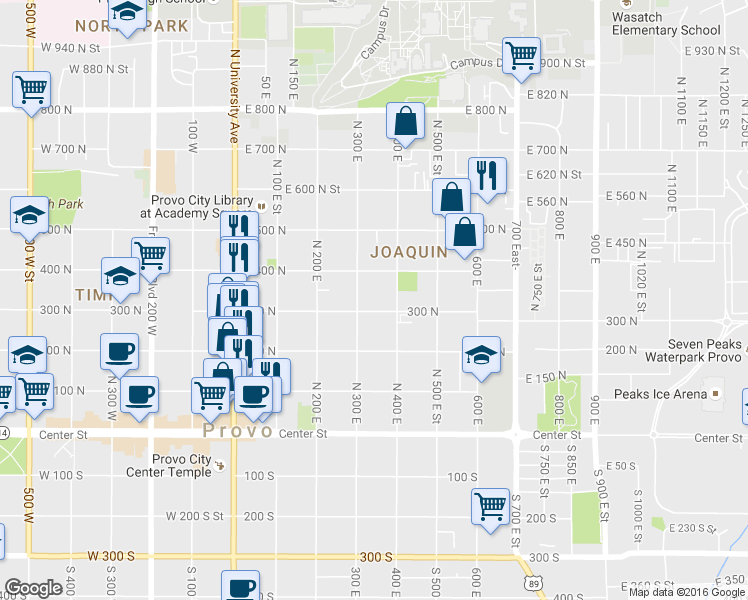 map of restaurants, bars, coffee shops, grocery stores, and more near 366 300 North in Provo