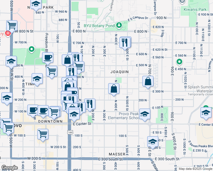 map of restaurants, bars, coffee shops, grocery stores, and more near 366 300 North in Provo