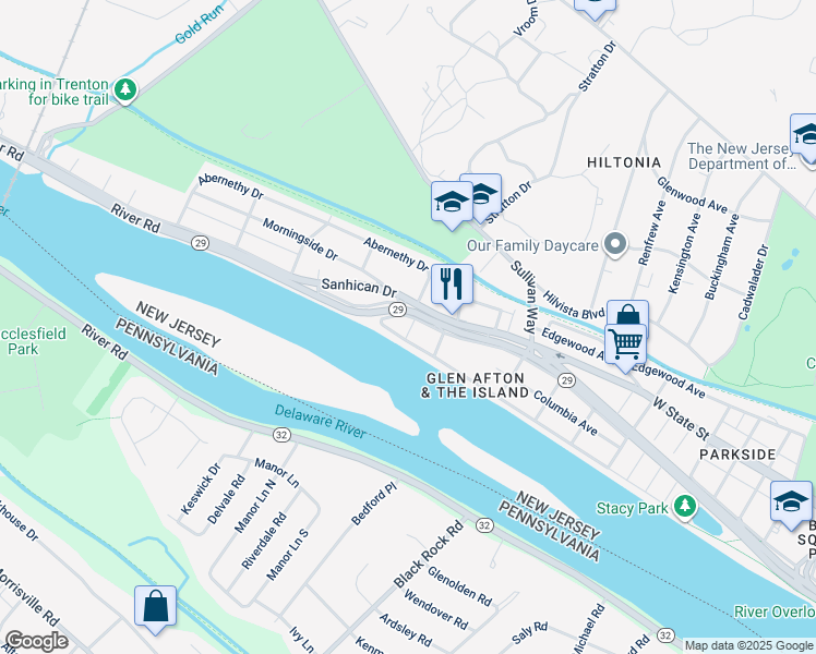 map of restaurants, bars, coffee shops, grocery stores, and more near 2022 Riverside Drive in Trenton