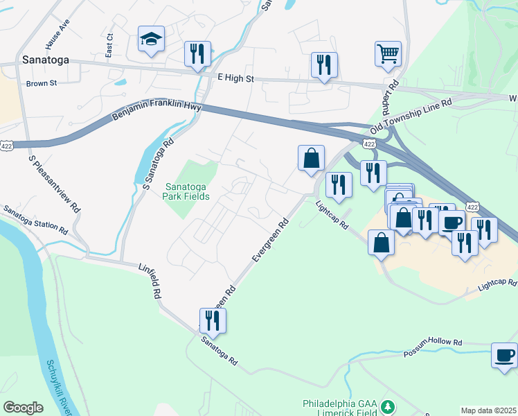map of restaurants, bars, coffee shops, grocery stores, and more near 227 Evergreen Road in Pottstown