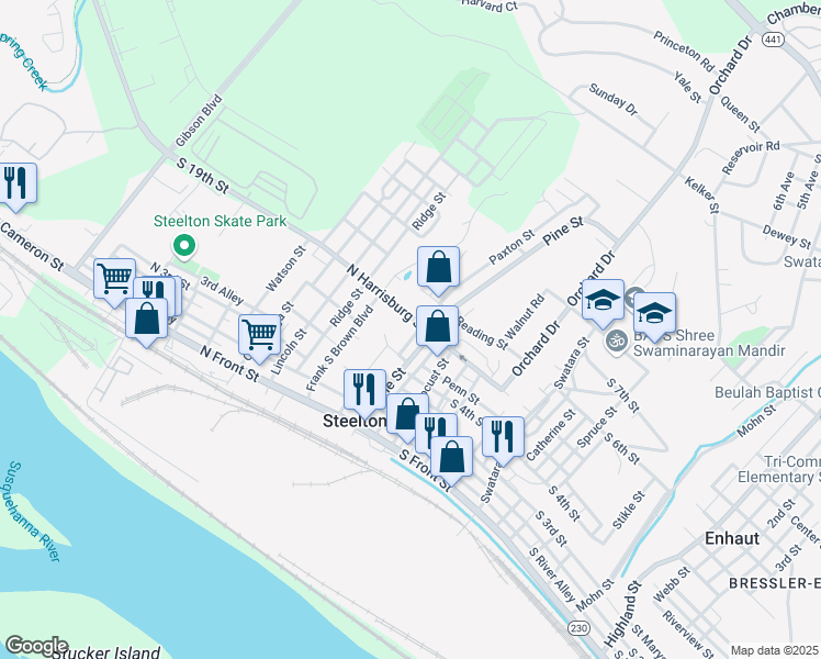 map of restaurants, bars, coffee shops, grocery stores, and more near 327 Pine Street in Steelton