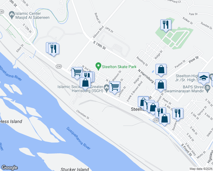 map of restaurants, bars, coffee shops, grocery stores, and more near 427 North Front Street in Steelton
