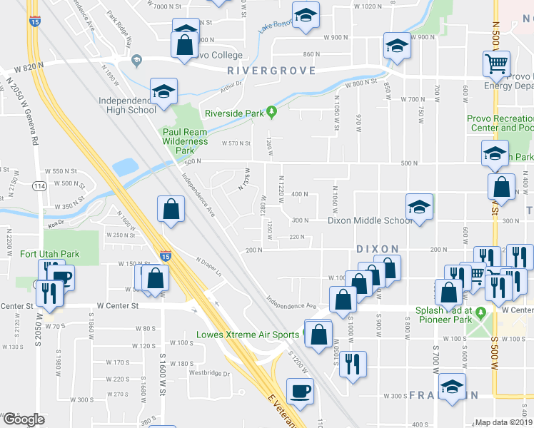 map of restaurants, bars, coffee shops, grocery stores, and more near 1268 West 320 North in Provo