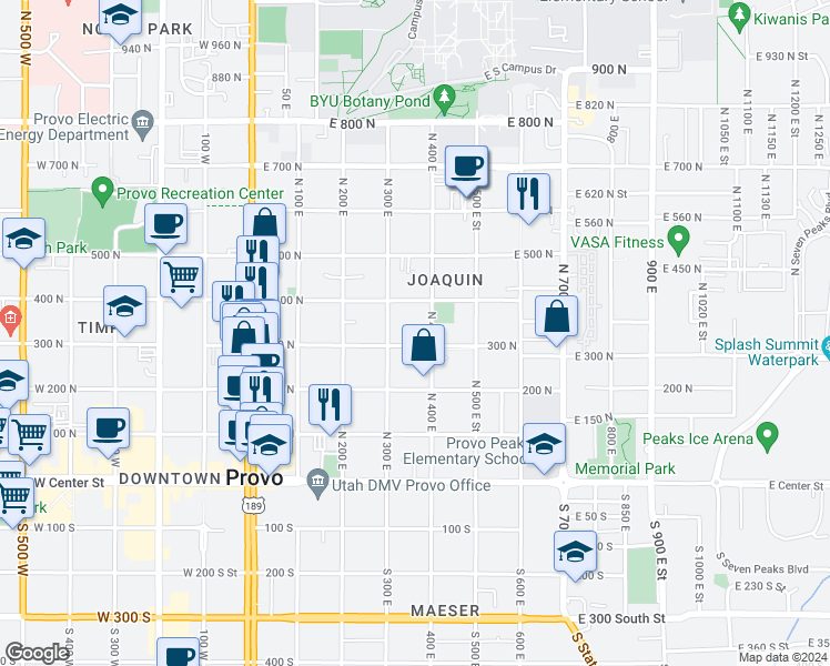map of restaurants, bars, coffee shops, grocery stores, and more near 353 300 North in Provo
