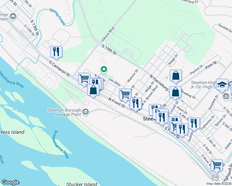 map of restaurants, bars, coffee shops, grocery stores, and more near 457 North 2nd Street in Steelton