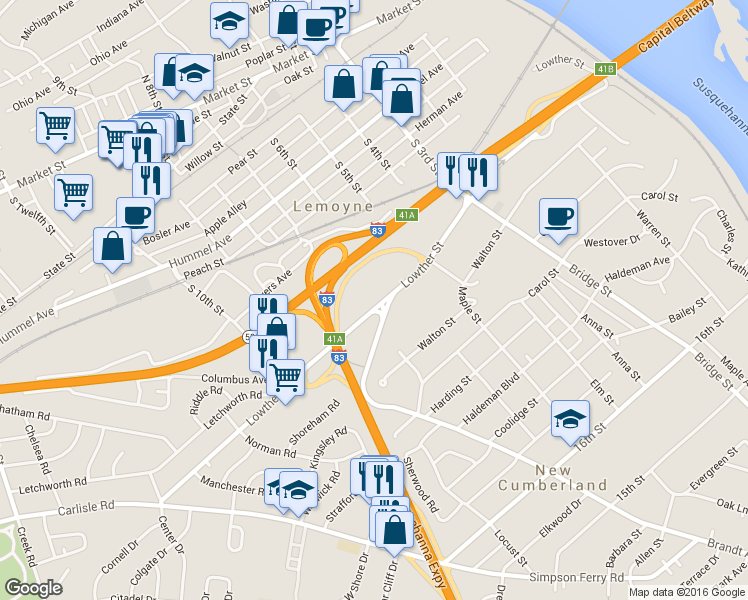 map of restaurants, bars, coffee shops, grocery stores, and more near 631 Lowther Street in Lemoyne