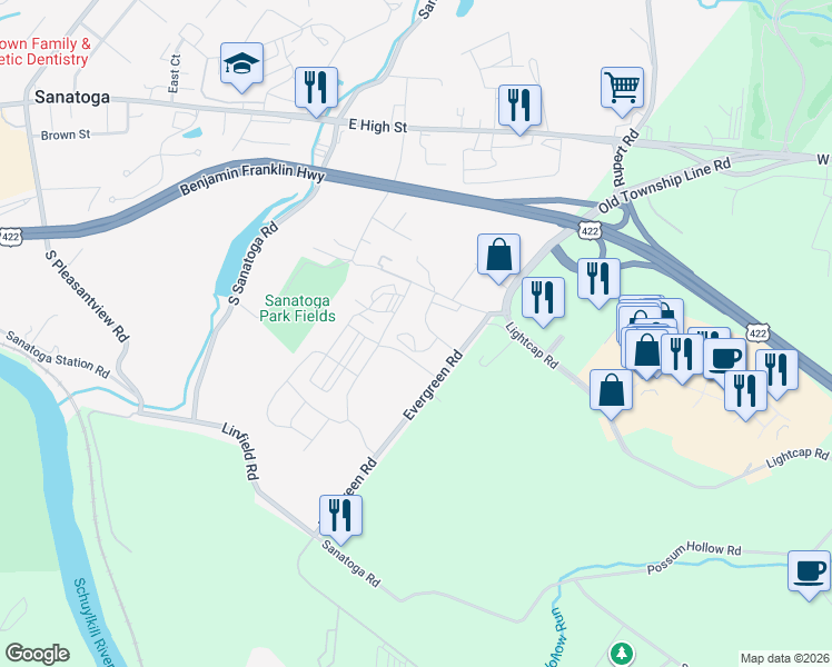 map of restaurants, bars, coffee shops, grocery stores, and more near 227 Evergreen Road in Pottstown