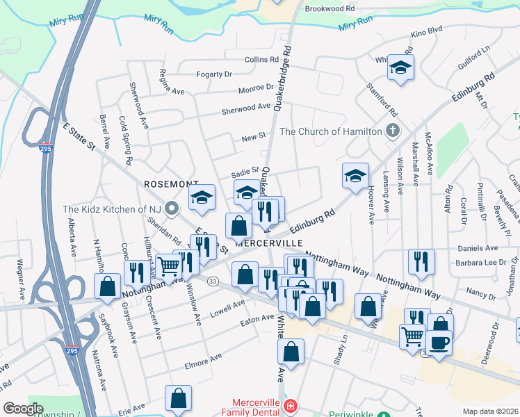 map of restaurants, bars, coffee shops, grocery stores, and more near Quakerbridge Road in Trenton