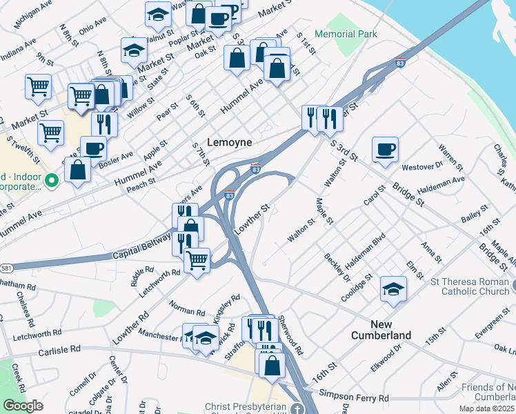 map of restaurants, bars, coffee shops, grocery stores, and more near 631 Lowther Street in Lemoyne