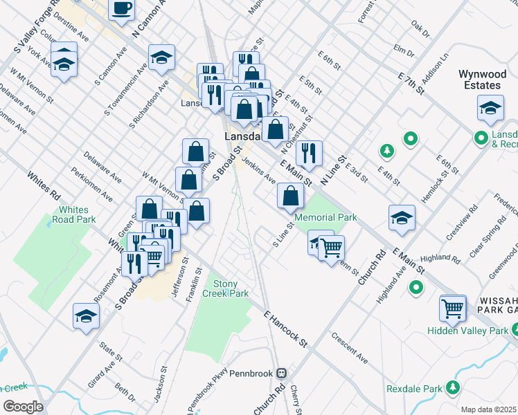 map of restaurants, bars, coffee shops, grocery stores, and more near 201 Kriebel Avenue in Lansdale