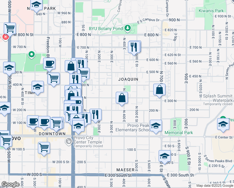 map of restaurants, bars, coffee shops, grocery stores, and more near 366 300 North in Provo