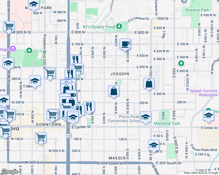 map of restaurants, bars, coffee shops, grocery stores, and more near 366 300 North in Provo