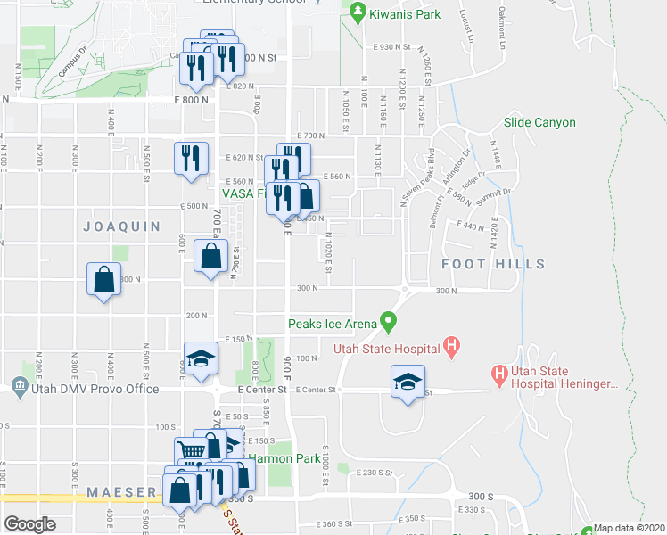 map of restaurants, bars, coffee shops, grocery stores, and more near 344 North 1020 East Street in Provo