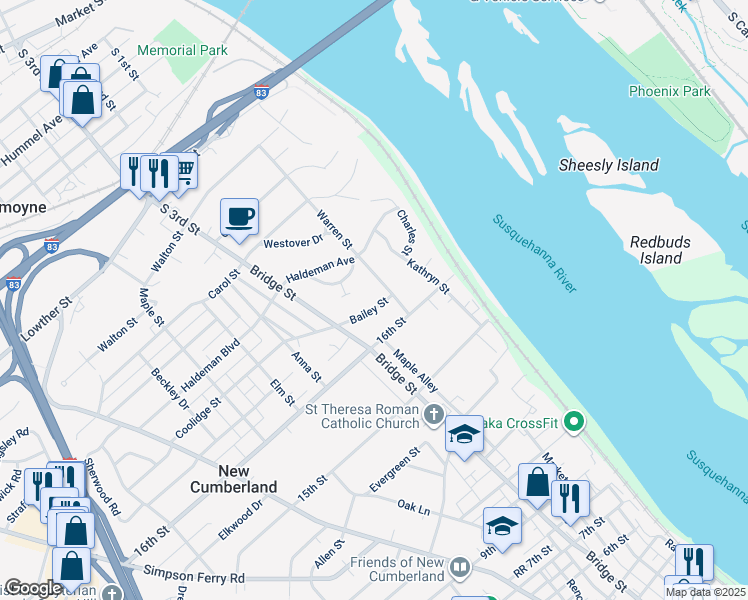 map of restaurants, bars, coffee shops, grocery stores, and more near 211 Bailey Street in New Cumberland