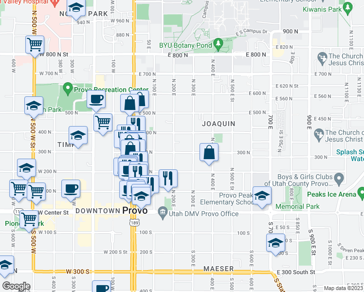 map of restaurants, bars, coffee shops, grocery stores, and more near 239 300 North in Provo