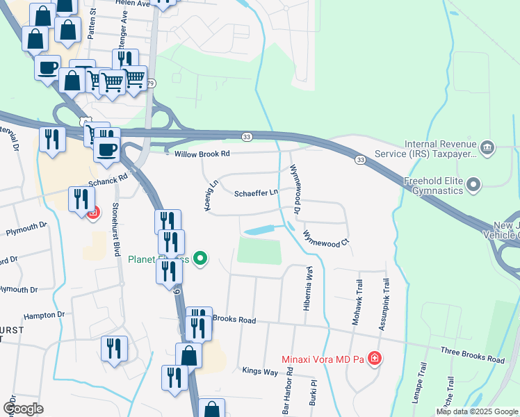 map of restaurants, bars, coffee shops, grocery stores, and more near 64 Koenig Lane in Freehold