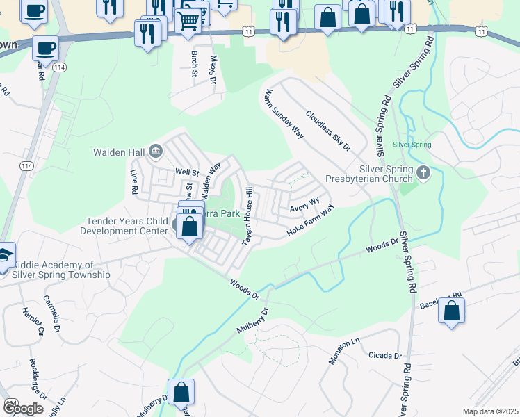 map of restaurants, bars, coffee shops, grocery stores, and more near 22 Stone Barn Road in Mechanicsburg