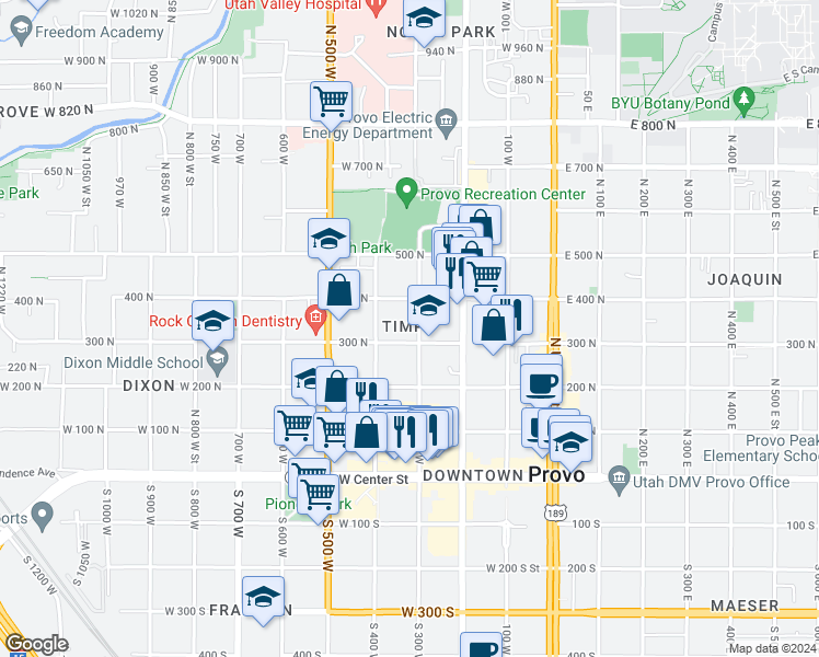 map of restaurants, bars, coffee shops, grocery stores, and more near 329 North 300 West in Provo