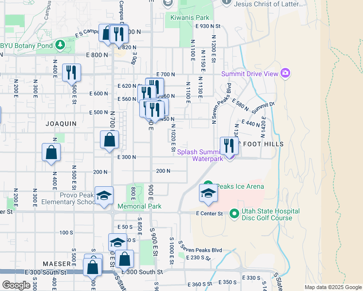 map of restaurants, bars, coffee shops, grocery stores, and more near 1051 300 North in Provo