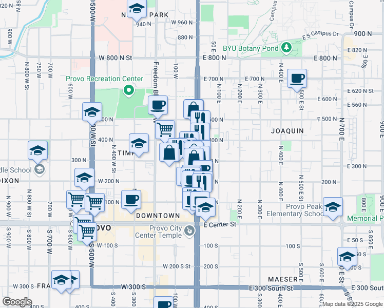 map of restaurants, bars, coffee shops, grocery stores, and more near 294 North University Avenue in Provo