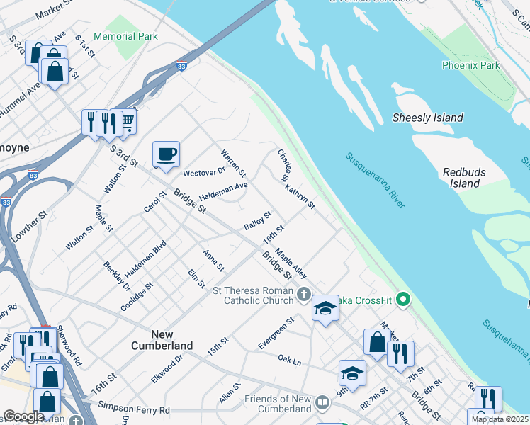 map of restaurants, bars, coffee shops, grocery stores, and more near 205 Bailey Street in New Cumberland