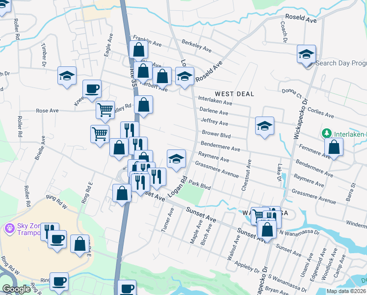 map of restaurants, bars, coffee shops, grocery stores, and more near 1603 Logan Road in Wanamassa