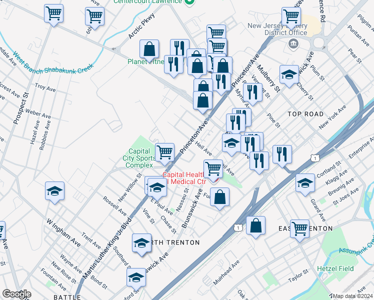 map of restaurants, bars, coffee shops, grocery stores, and more near 1324 Princeton Avenue in Trenton