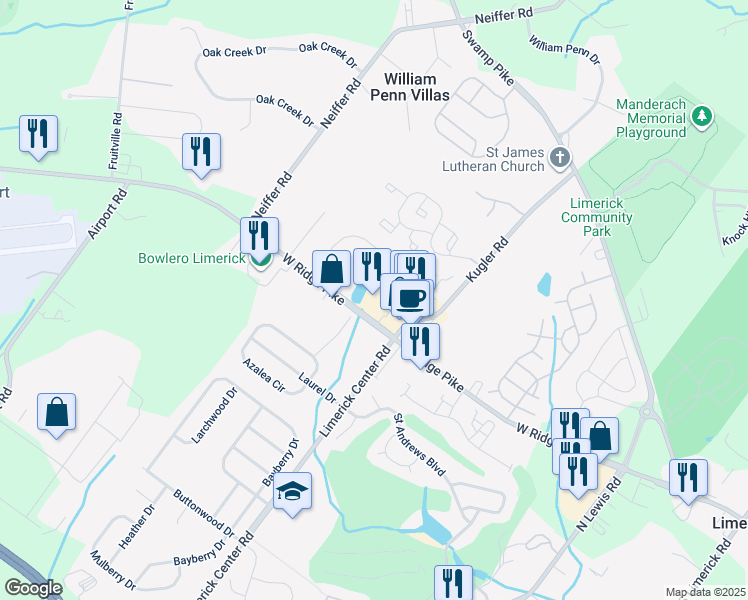 map of restaurants, bars, coffee shops, grocery stores, and more near 594 West Ridge Pike in Limerick