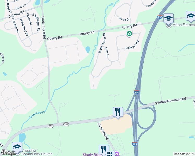 map of restaurants, bars, coffee shops, grocery stores, and more near 1229 Bridle Estates Drive in Yardley