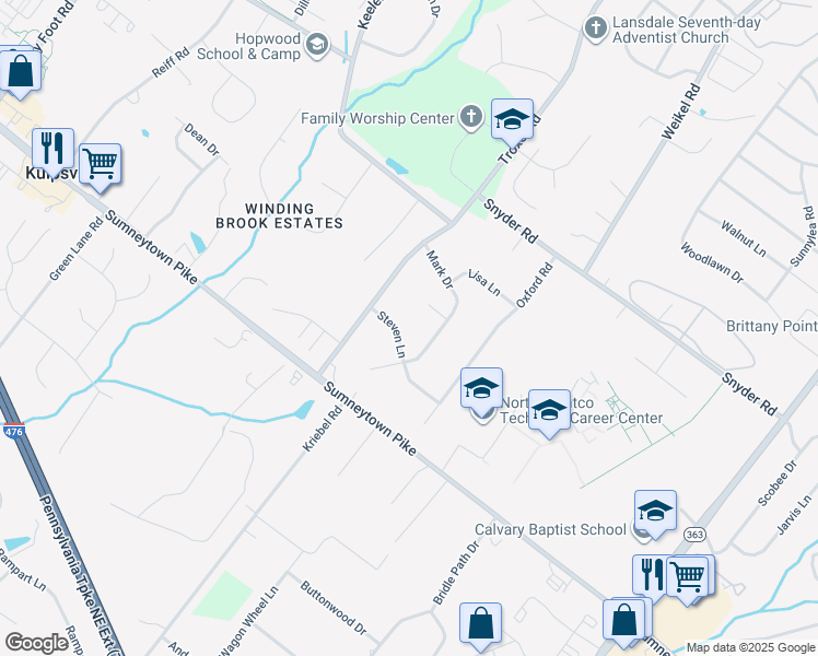 map of restaurants, bars, coffee shops, grocery stores, and more near 1360 Mark Drive in Lansdale