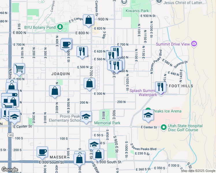 map of restaurants, bars, coffee shops, grocery stores, and more near 840 East 350 North in Provo