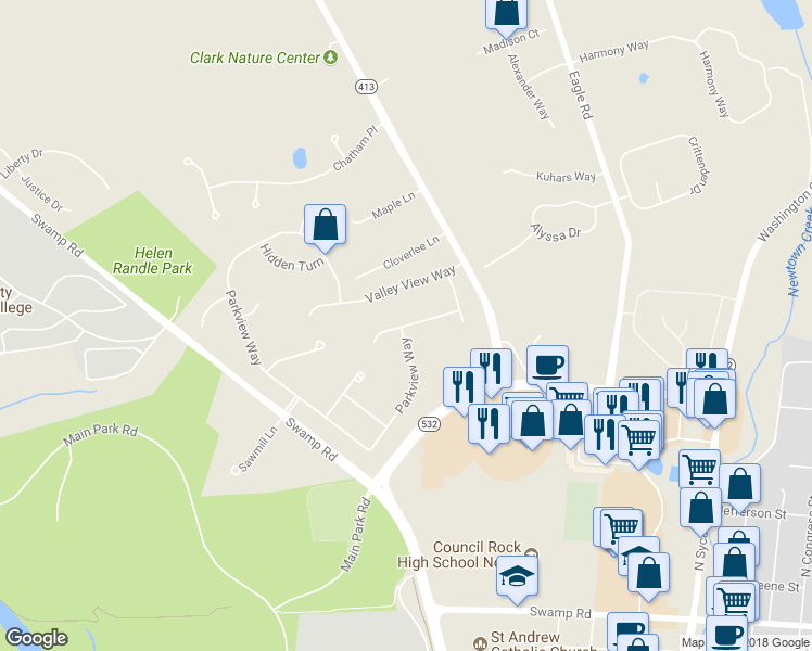 map of restaurants, bars, coffee shops, grocery stores, and more near Skyview Way in Newtown