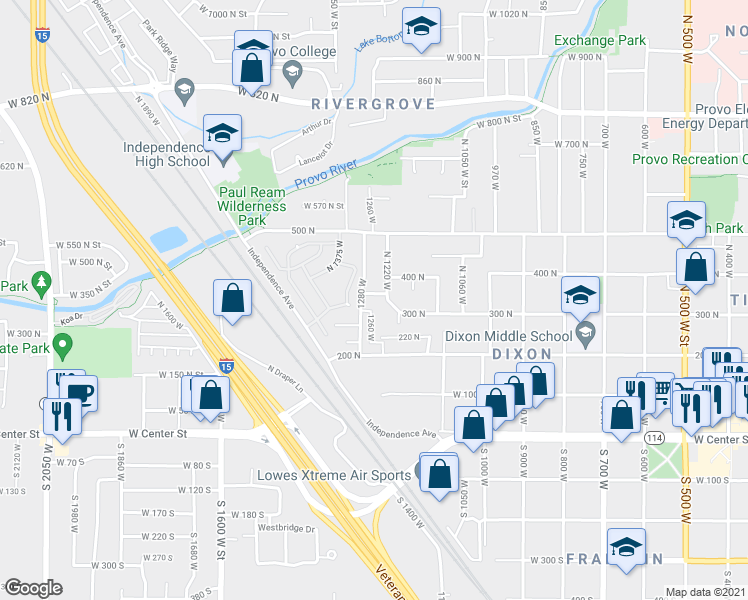 map of restaurants, bars, coffee shops, grocery stores, and more near 1251 350 North in Provo