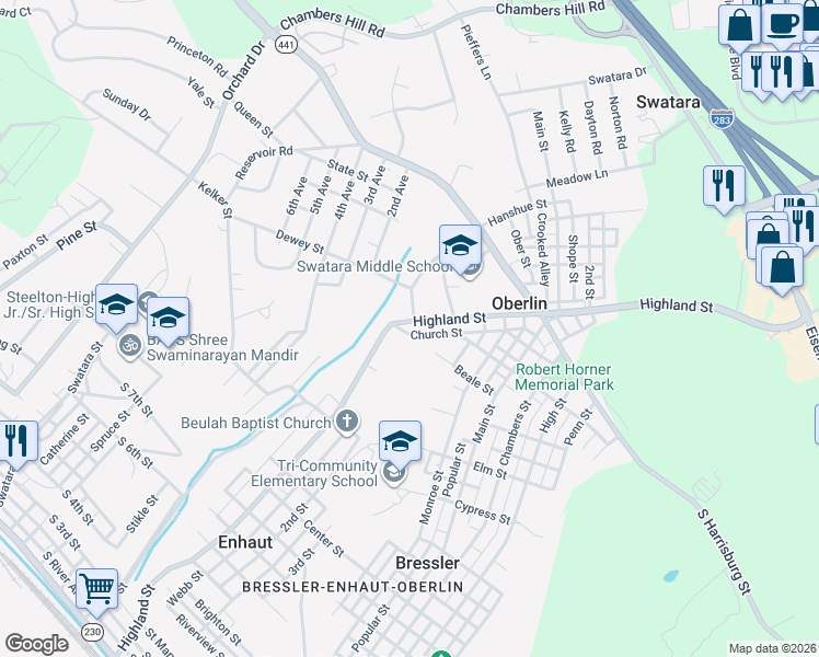 map of restaurants, bars, coffee shops, grocery stores, and more near in Harrisburg