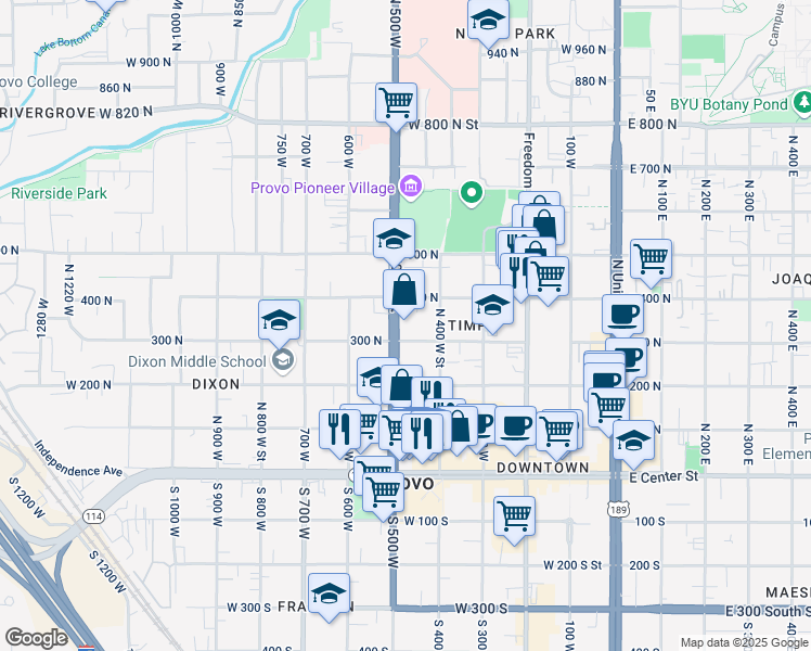 map of restaurants, bars, coffee shops, grocery stores, and more near 342 North 500 West in Provo