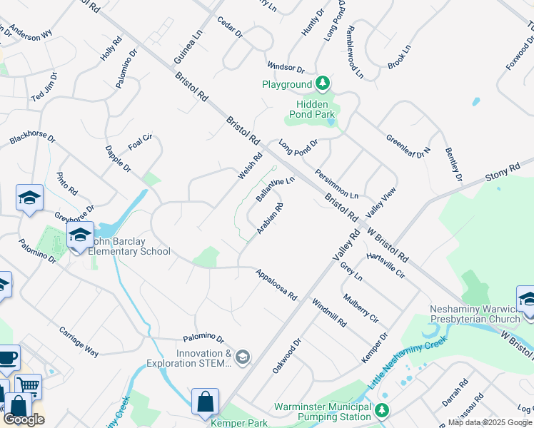 map of restaurants, bars, coffee shops, grocery stores, and more near 1124 Arabian Road in Warrington