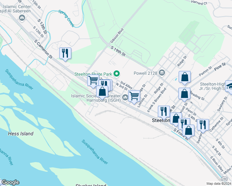 map of restaurants, bars, coffee shops, grocery stores, and more near 534 North 2nd Street in Steelton