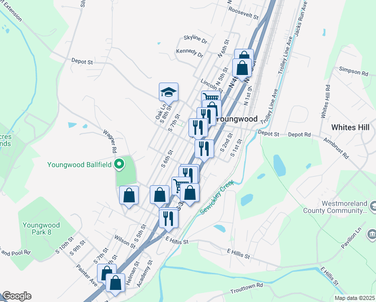 map of restaurants, bars, coffee shops, grocery stores, and more near 27 South 5th Street in Youngwood