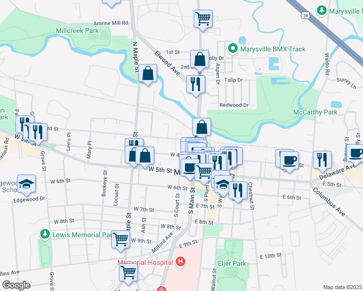 map of restaurants, bars, coffee shops, grocery stores, and more near in Marysville
